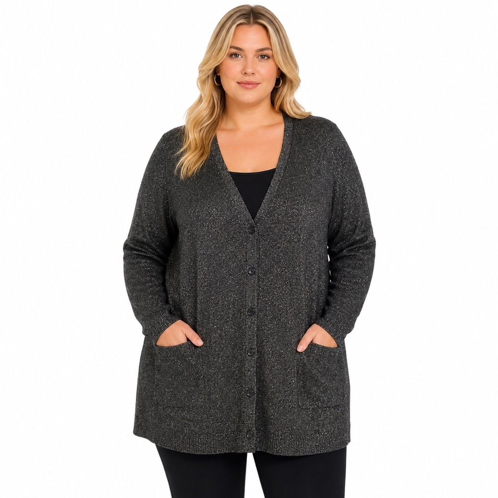Torrid Size 2X Metallic Knit
Longline Cardigan Black Silver Sweater Pockets